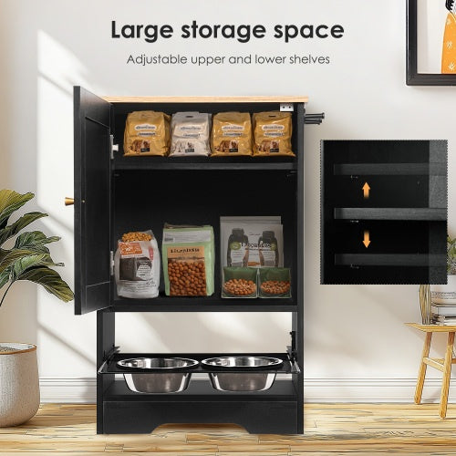 Feeding Station With 1 Storage Cabinets, Pet Feeding Station With 2 Elevated Dog Bowls, Side Hooks, Anti-tip Kit, Hidden Pet Feeder Station For Feeding   Watering, Black