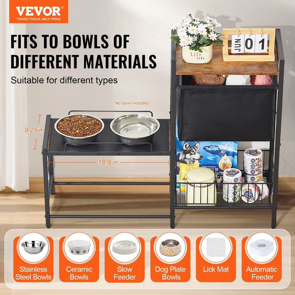 Pet Feeding Station With Storage Dog Food & Toy Organizer Raised Dog Bowls